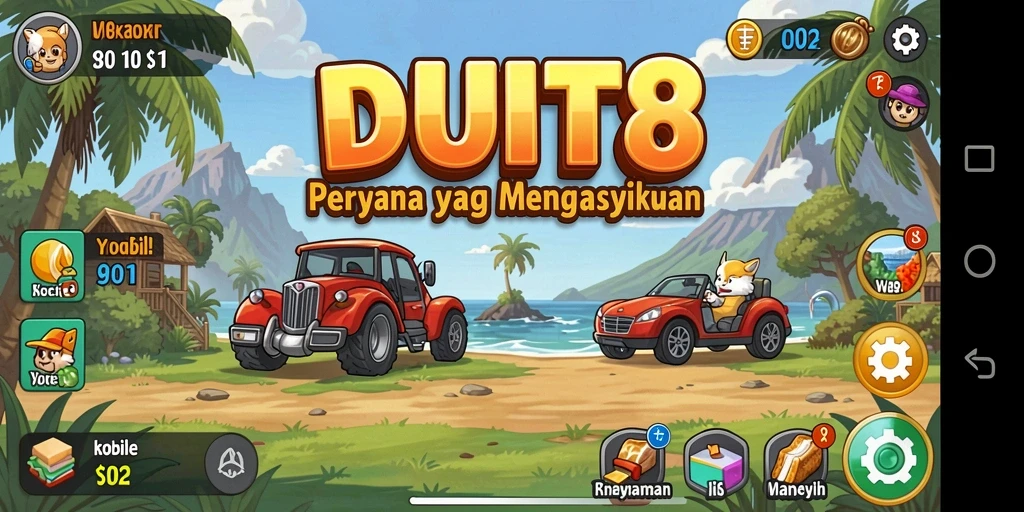 Screenshot gameplay DUIT8 yang menunjukkan momen seru dan karakter mengumpulkan sumber daya.