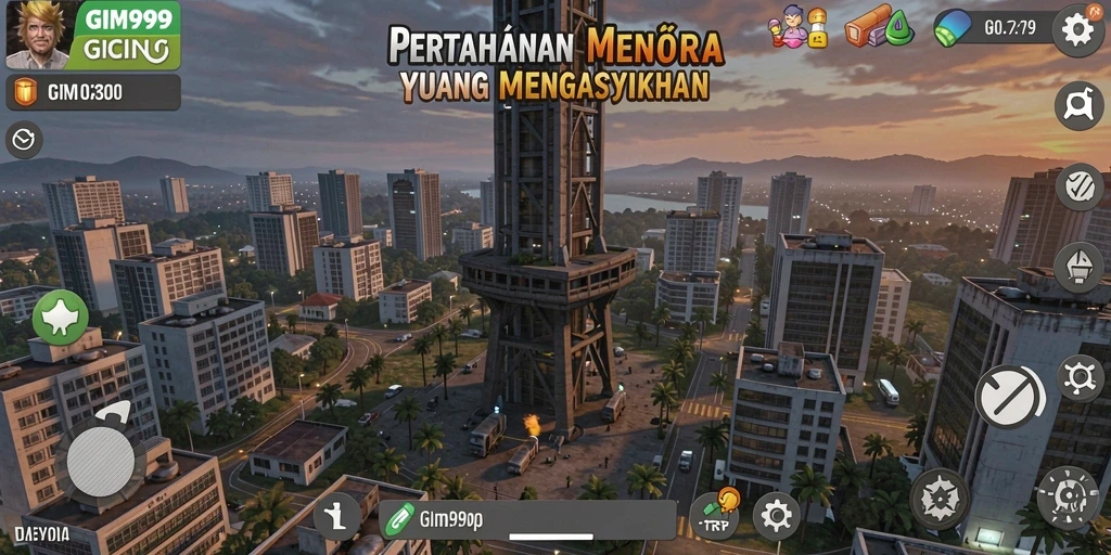 Tampilan gameplay GIM999 dengan menara dan musuh dalam aksi.