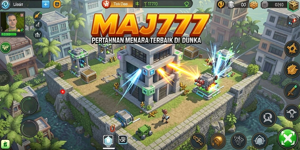Tangkapan layar utama MAJ777 dengan aksi pertahanan menara yang intens.