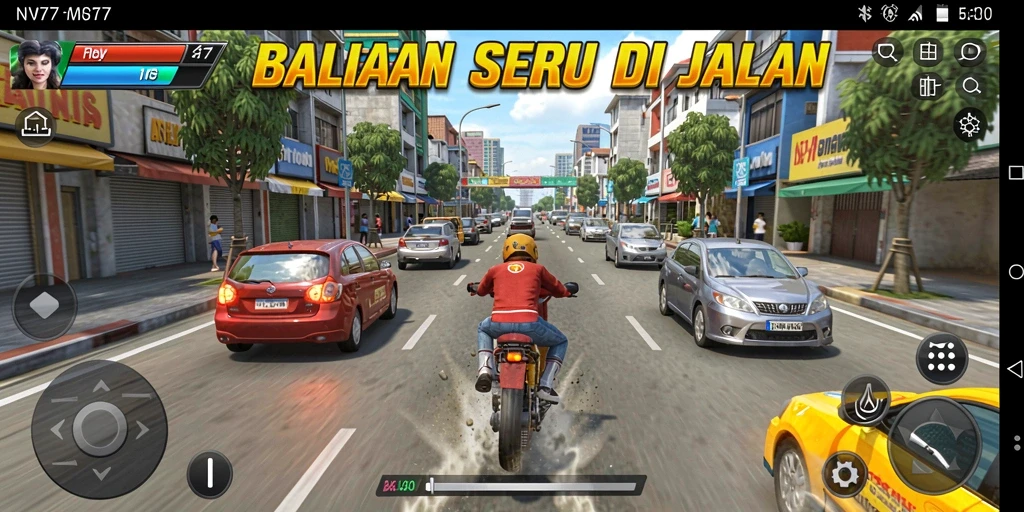 Screenshot gameplay NV77 yang menunjukkan mobil balap di trek menantang.