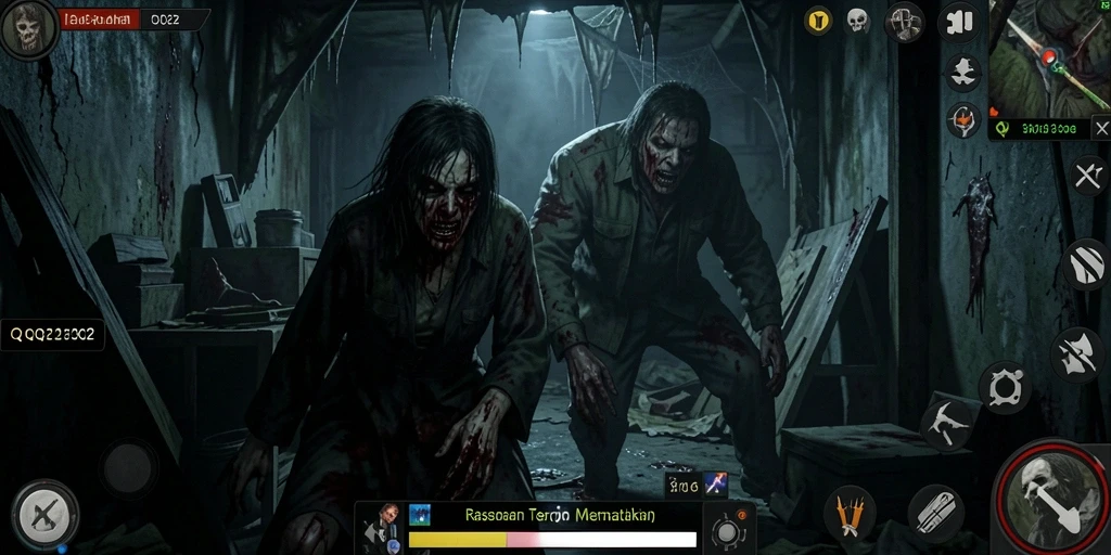 Tangkapan layar game QQ222 menampilkan suasana horor yang menegangkan.