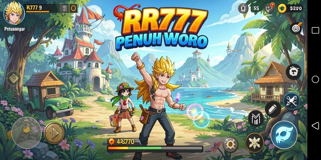 Screenshot gameplay RR777 yang menampilkan pertarungan karakter anime.