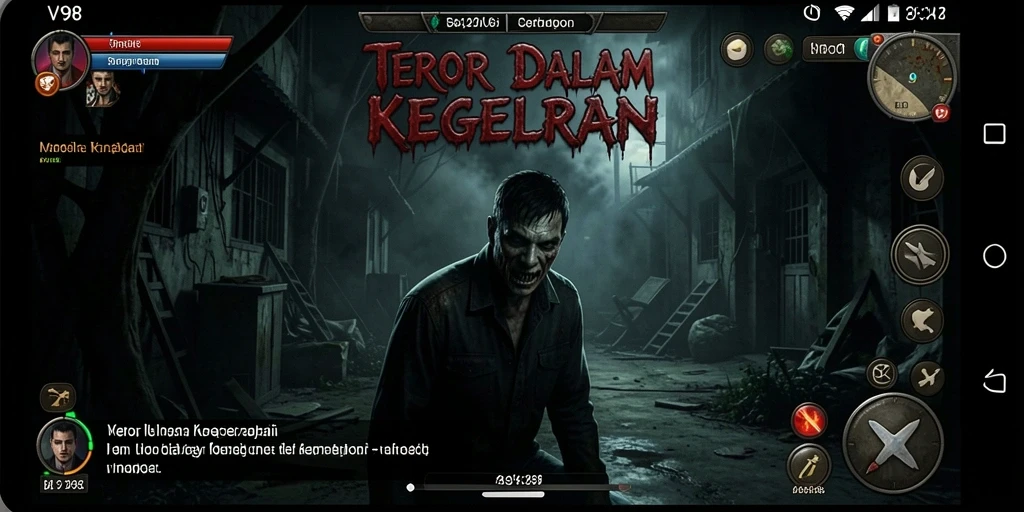 Screenshot gameplay V98 menampilkan karakter berhadapan dengan hantu menyeramkan di kegelapan.